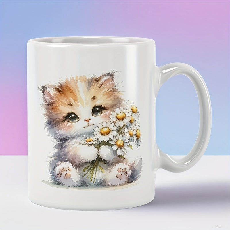 Tailorly White Ceramic 11 oz Mug - Adorable Fluffy Sitting Gracefully While Holding A Beautiful Daisy Bouquet Kitten