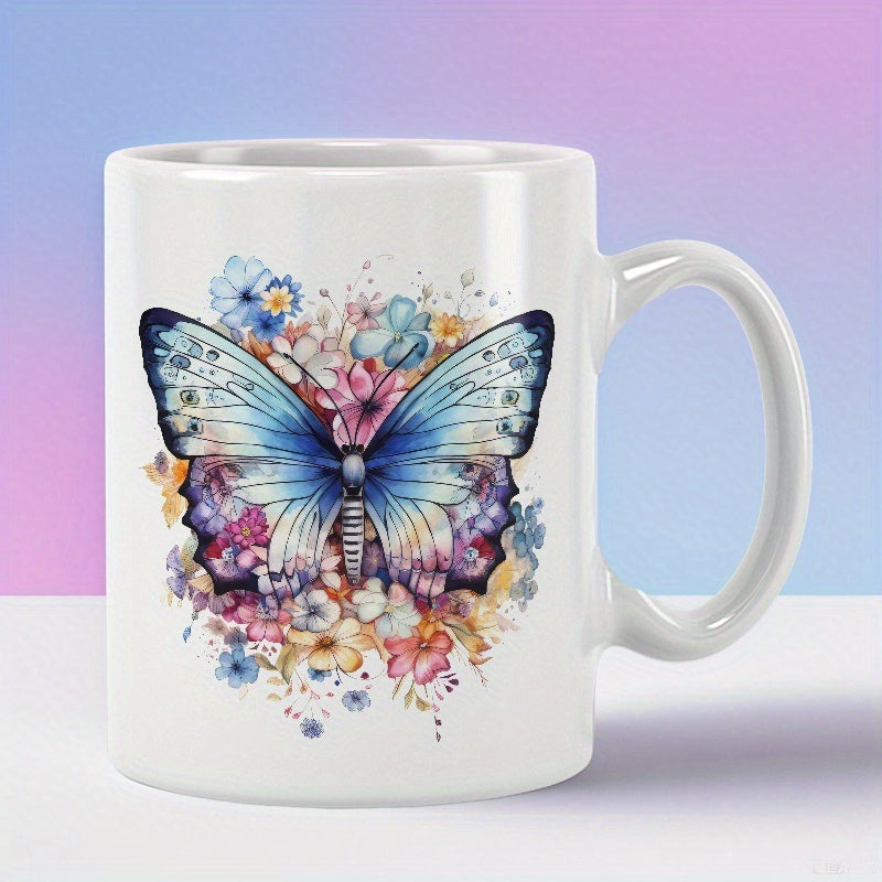 Tailorly White Ceramic 11 oz Mug - Vibrant Blue Watercolor Wings Resting Amidst Delicate Colorful Springtime Flowers Butterfly