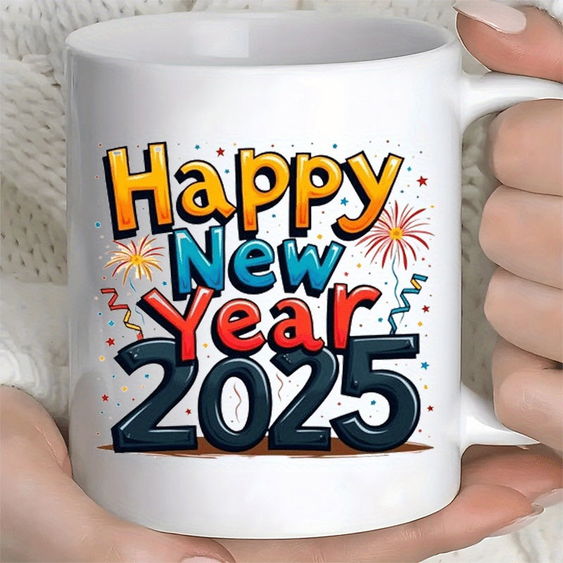 Tailorly White Ceramic 11 oz Mug - Happy New Year 2025 Colorful Festive Font With Sparkling Fireworks And Vibrant Confetti Mug