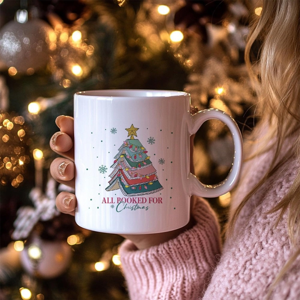 Tailorly White Ceramic 11 oz Mug - All Booked For Christmas Colorful Books Stacked Into A Festive Holiday Shape Tree