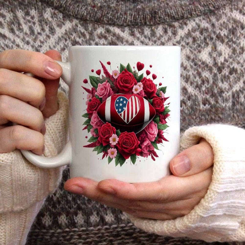 Tailorly White Ceramic 11 oz Mug - Patriotic Heart Emblem Inside A Wreath Of Red Roses And Hearts Football