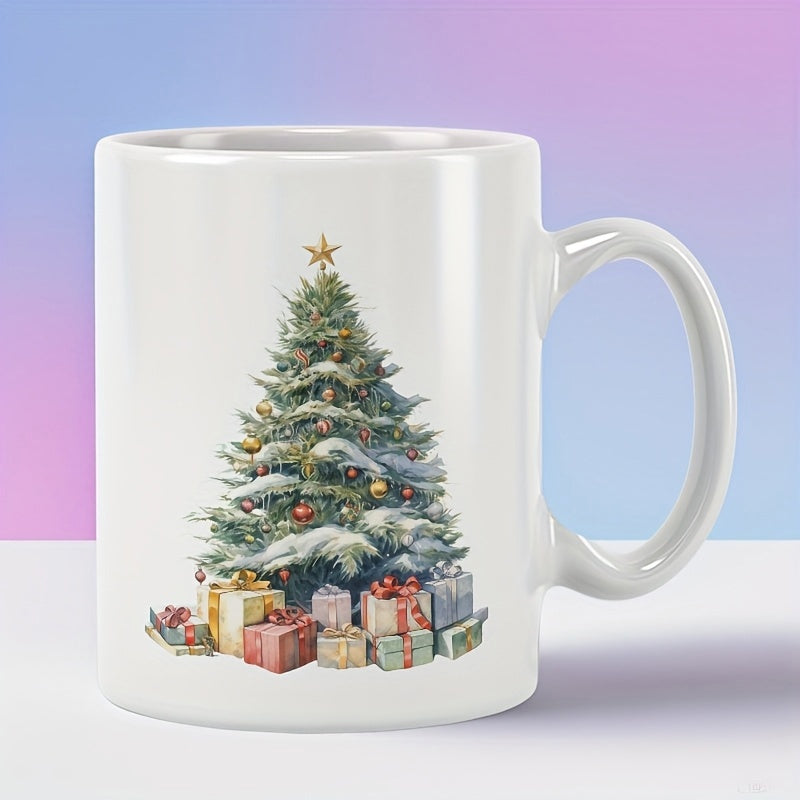 Tailorly White Ceramic 11 oz Mug - Snowy Evergreen Decorated With Star Above Colorful Holiday Gift Boxes Tree