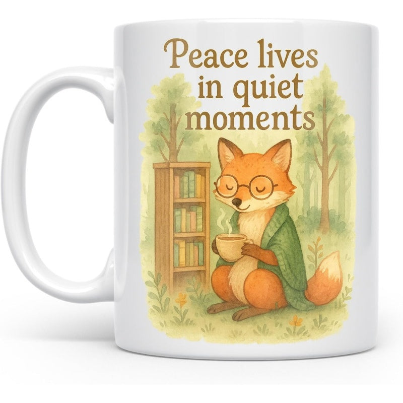 Tailorly White Ceramic 11 oz Mug - Peace Lives In Quiet Moments Adorable Sitting Animal Wearing Green Sweater Holding Warm Steaming Cup Fox