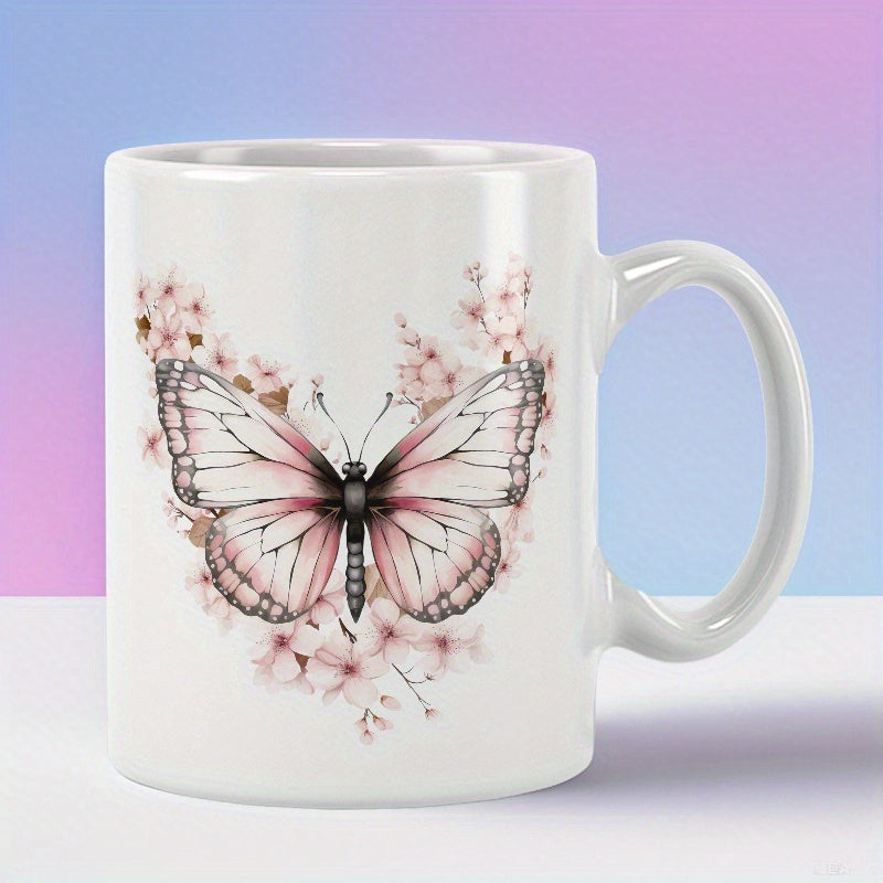 Tailorly White Ceramic 11 oz Mug - Delicate Pink Wings Surrounded By Soft Cherry Blossoms In Spring Butterfly