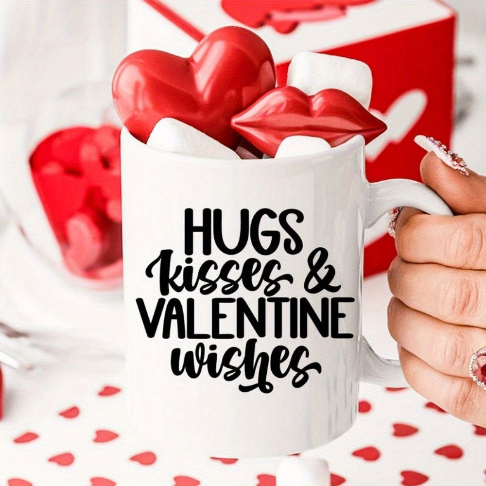 Tailorly White Ceramic 11 oz Mug - Hugs Kisses Valentine Wishes Red Hearts And Glossy Lips Inside A Simple