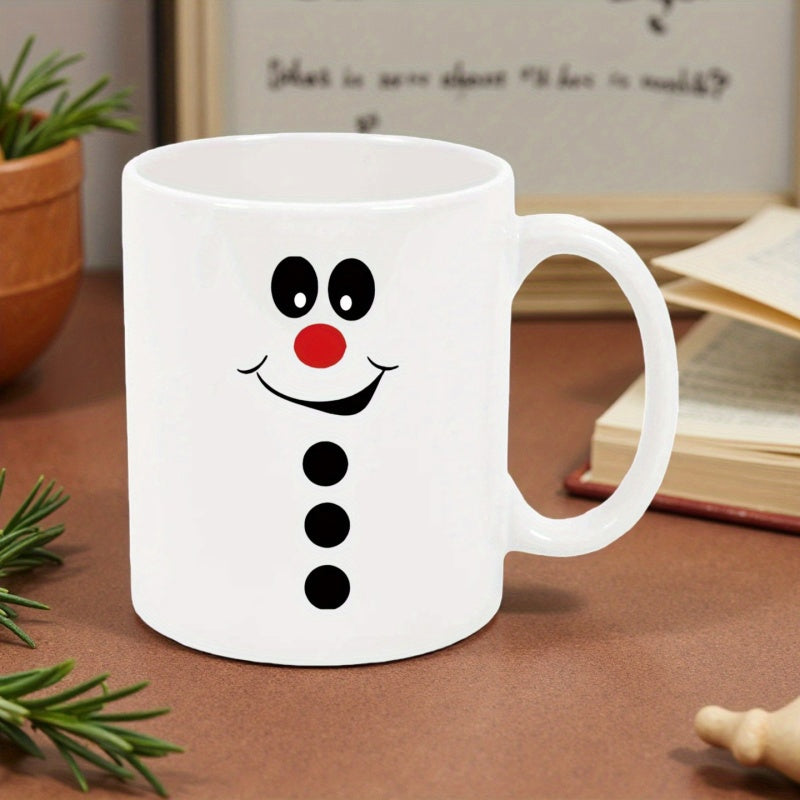Tailorly White Ceramic 11 oz Mug - Minimalist Holiday Character Face With Red Nose And Black Buttons Snowman