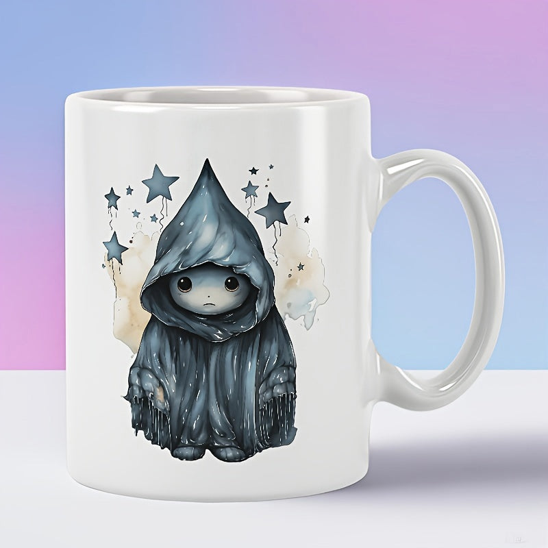Tailorly White Ceramic 11 oz Mug - Mysterious Dark Hooded Little Character Standing Under Scattered Twilight Twinkling Stars Character