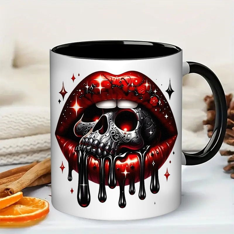 Tailorly Black Accent 11 oz Mug - gothic sugar skull with red lips and blood effect