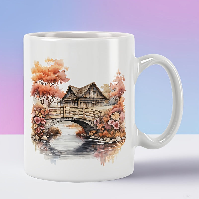 Tailorly White Ceramic 11 oz Mug - Traditional Watercolor Scene Among Autumn Trees Near Stone Bridge Cottage