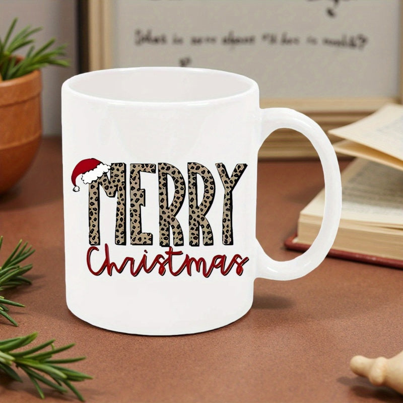 Tailorly White Ceramic 11 oz Mug - Merry Christmas Leopard Print Pattern Featuring Red Santa Hat For Holiday Festive Mug