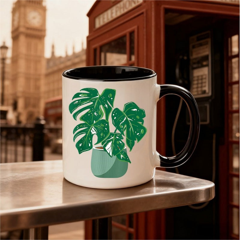 Tailorly Black Accent 11 oz Mug - 11oz modern ceramic mug with rim white coffee cup suitable for home office tea for hot drinks decorative plant