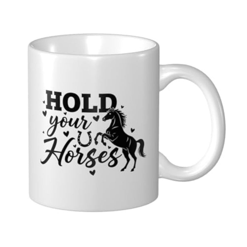 Tailorly White Ceramic 11 oz Mug - Hold Your Horses Silhouette Of A Majestic Stallion Rearing Up With Tiny Decorative Hearts Horse