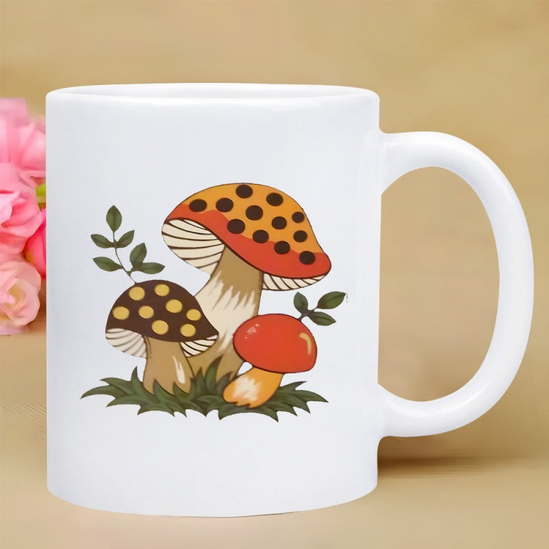 Tailorly White Ceramic 11 oz Mug - Three Vintage Stylized Forest Elements Growing Among Green Grass Mushroom