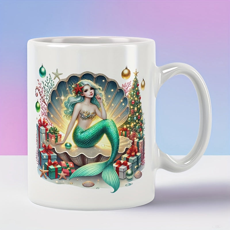Tailorly White Ceramic 11 oz Mug - Magical Underwater Christmas Scene Featuring Glowing Shell And Festive Gift Boxes Mermaid