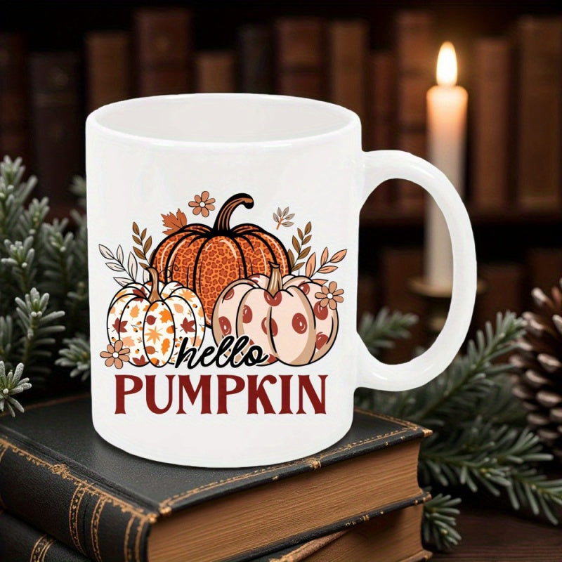 Tailorly White Ceramic 11 oz Mug - Hello Pumpkin Rustic Autumn Theme Featuring Patterned Gourds Surrounded By Seasonal Falling Leaves Pumpkin