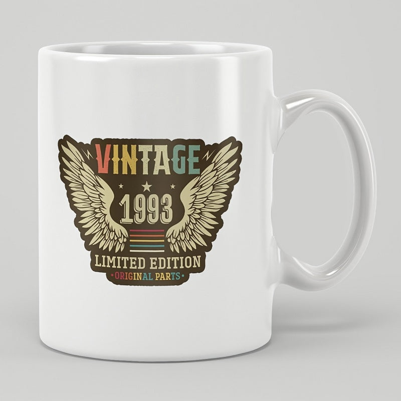 Tailorly White Ceramic 11 oz Mug - Vintage 1993 Limited Edition Original Parts Distressed Retro Badge With Large Wings And Colorful Horizontal Stripes Mug