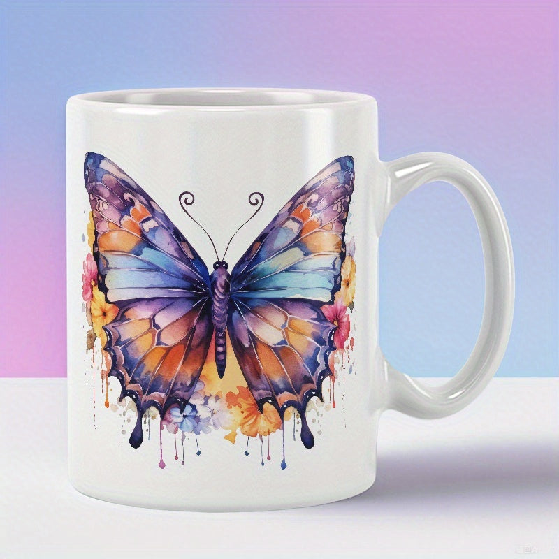 Tailorly White Ceramic 11 oz Mug - Vibrant Watercolor Wings With Floral Accents Floating On Splattered Ink Butterfly