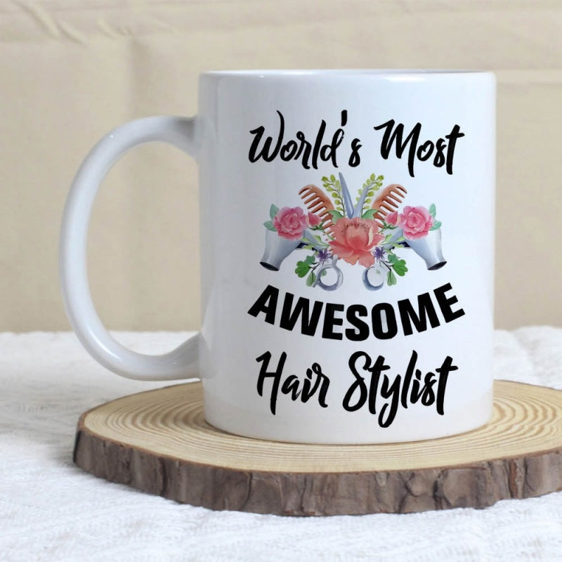 Tailorly White Ceramic 11 oz Mug - Worlds Most Awesome Hair Stylist Artistic Hairdressing Tools Decorated With Elegant Pink Floral Leaves Mug