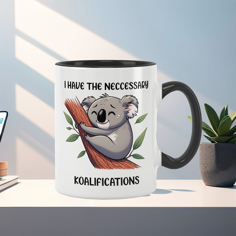 Tailorly Black Accent 11 oz Mug - quirky cute koala with "I have koalifications" text