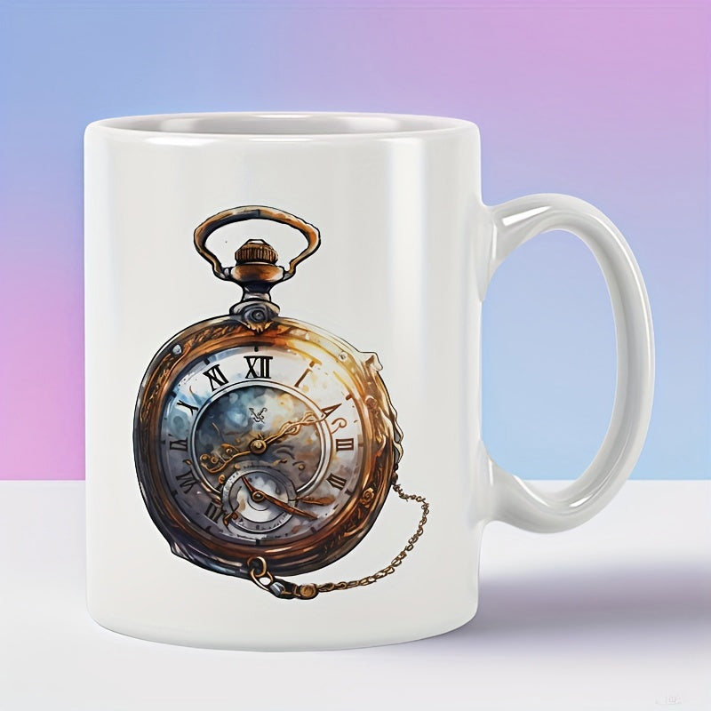 Tailorly White Ceramic 11 oz Mug - Vintage Antique Bronze Style With Intricate Roman Numeral Details Pocket Watch