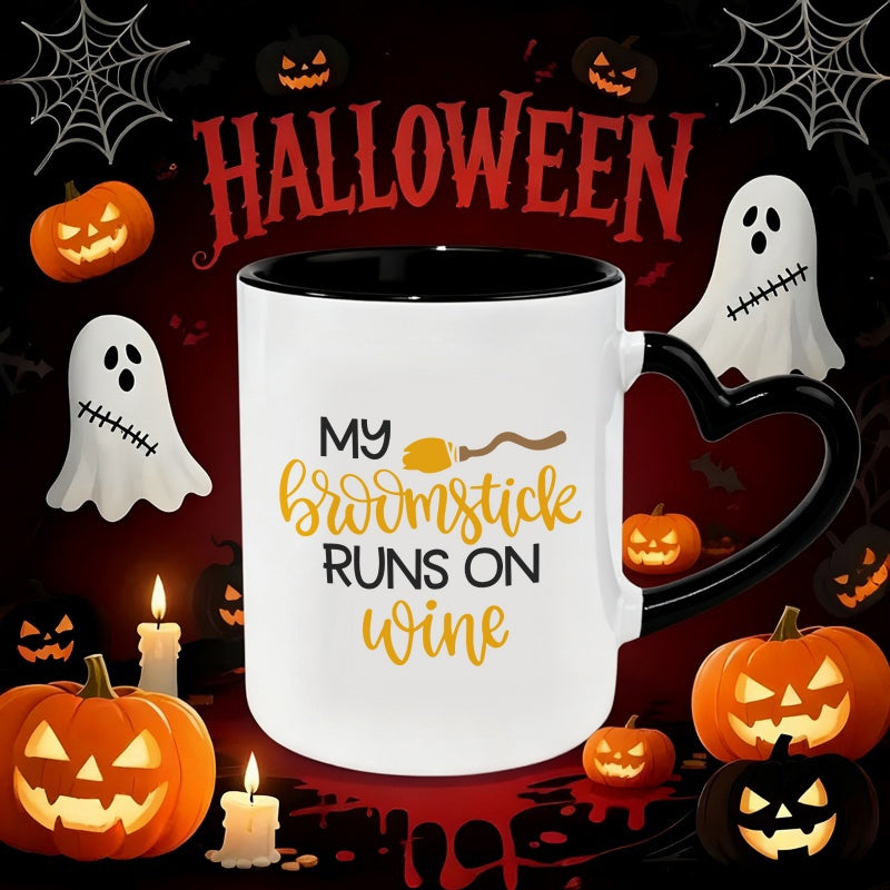 Tailorly Black Accent 11 oz Mug - heart shaped handle， witch broomstick， wine print