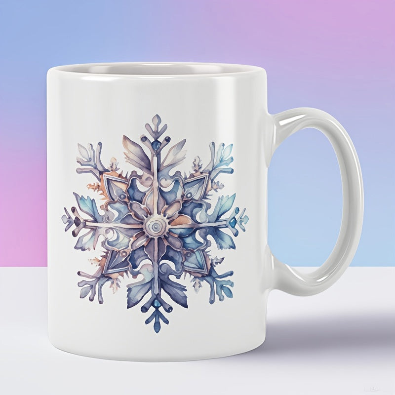 Tailorly White Ceramic 11 oz Mug - Intricate Watercolor Pattern With Soft Blue And Purple Tones Winter Snowflake