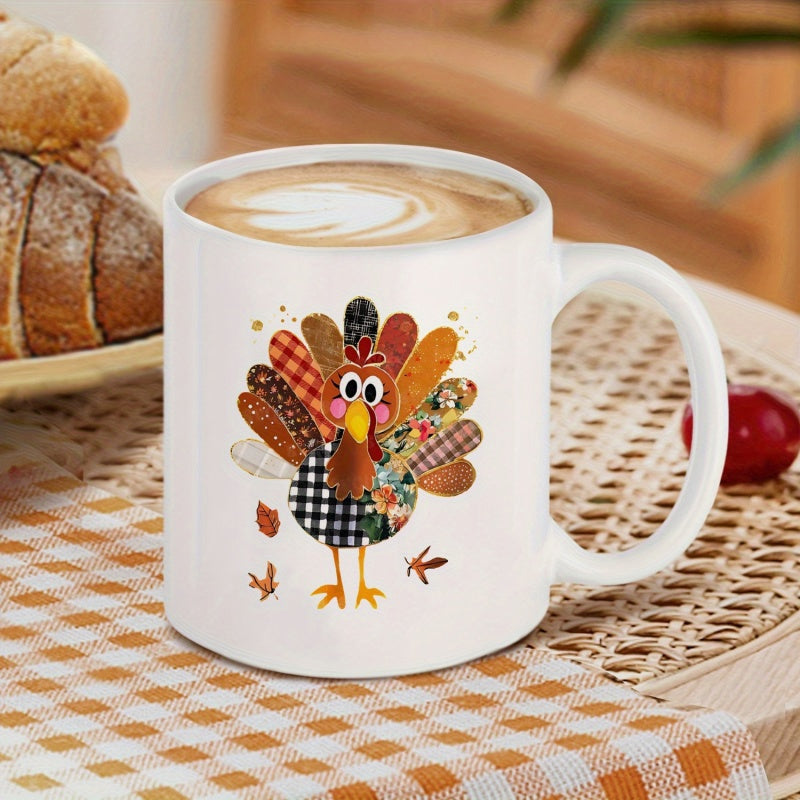 Tailorly White Ceramic 11 oz Mug - Festive Patchwork Illustration With Colorful Patterns And Falling Autumn Leaves Turkey