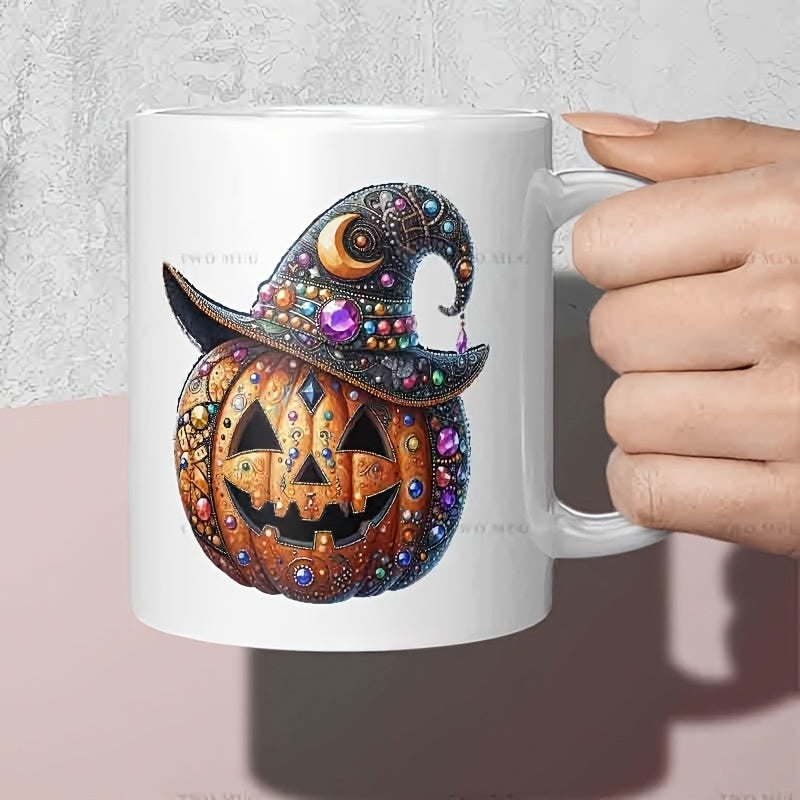 Tailorly White Ceramic 11 oz Mug - Sparkling Jeweled Halloween Style With A Decorative Pointed Black Witch Hat Pumpkin