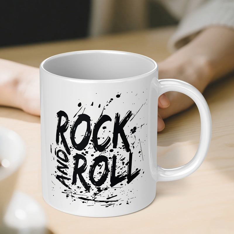Tailorly White Ceramic 11 oz Mug - Rock And Roll Artistic Distressed Black Ink Strokes With Energetic Paint Splatter Design