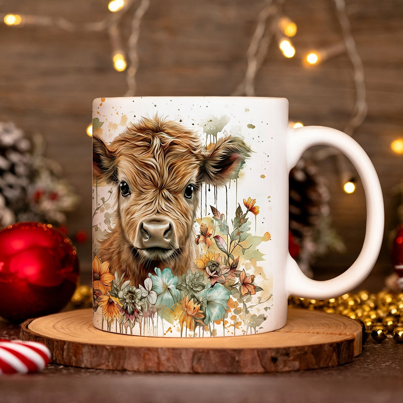 Tailorly White Ceramic 11 oz Mug - Rustic Watercolor Illustration Of A Fluffy Brown Highland Calf With Flowers Cow