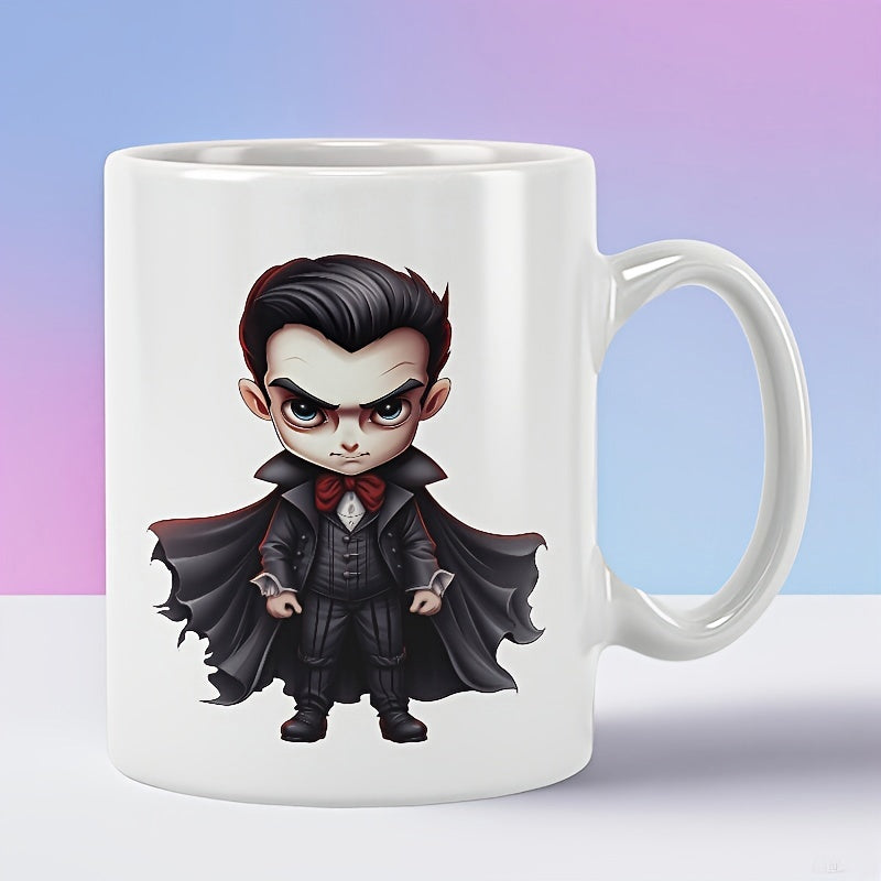 Tailorly White Ceramic 11 oz Mug - Chibi Gothic Character Wearing Black Cape And Red Bowtie Little Vampire