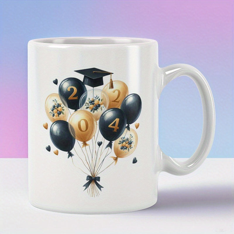 Tailorly White Ceramic 11 oz Mug - 2024 Elegant Black And Gold Graduation Cap With Festive Floating Celebration Ribbons Balloons