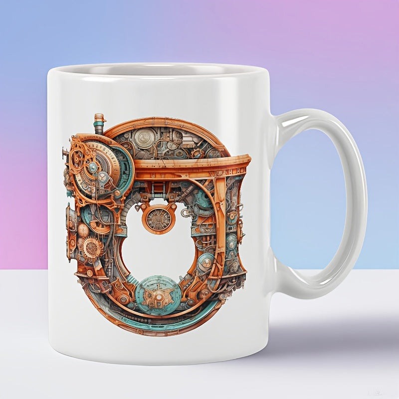 Tailorly White Ceramic 11 oz Mug - Intricate Industrial Copper Pipes With Vintage Mechanical Gears Forming A Letter