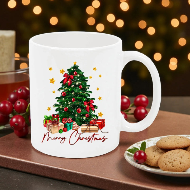 Tailorly White Ceramic 11 oz Mug - Merry Christmas Decorated With Red Bows And Gifts Under Golden Stars Christmas Tree