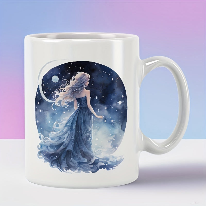 Tailorly White Ceramic 11 oz Mug - Mystical Starry Night Sky With Elegant Flowing Blue Gown Woman