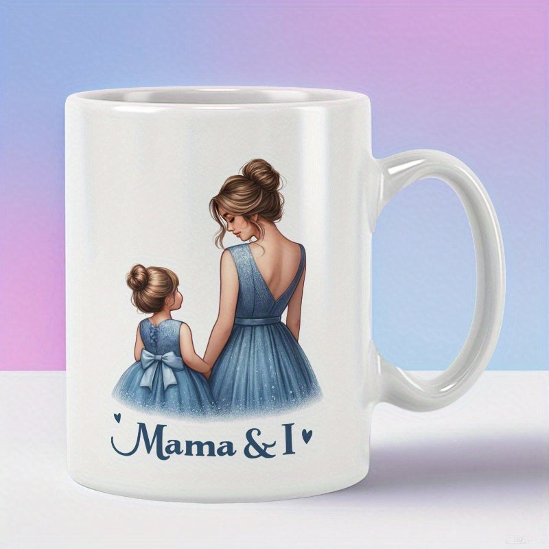 Tailorly White Ceramic 11 oz Mug - Mama I Loving Mother And Daughter Wearing Matching Blue Dresses Holding Hands Portrait