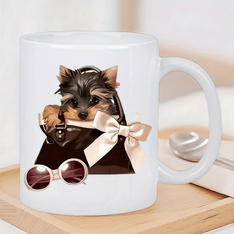 Tailorly White Ceramic 11 oz Mug - Adorable Tiny Terrier Sitting Inside A Stylish Handbag With Bow And Fashion Sunglasses Dog