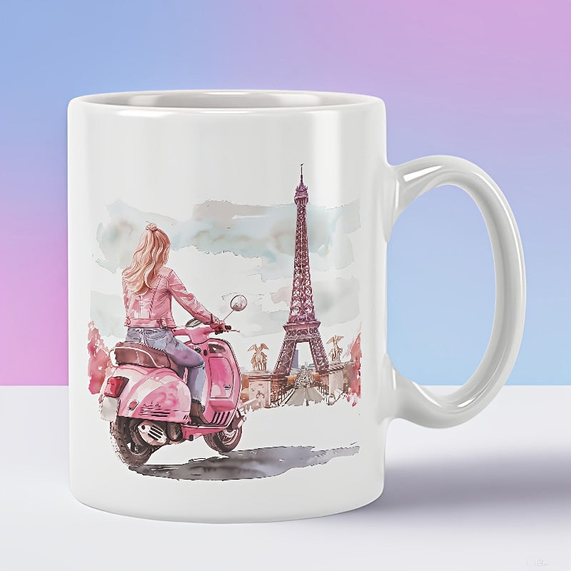 Tailorly White Ceramic 11 oz Mug - Elegant Watercolor Girl On Pink Scooter Near Parisian Eiffel Tower Scooter