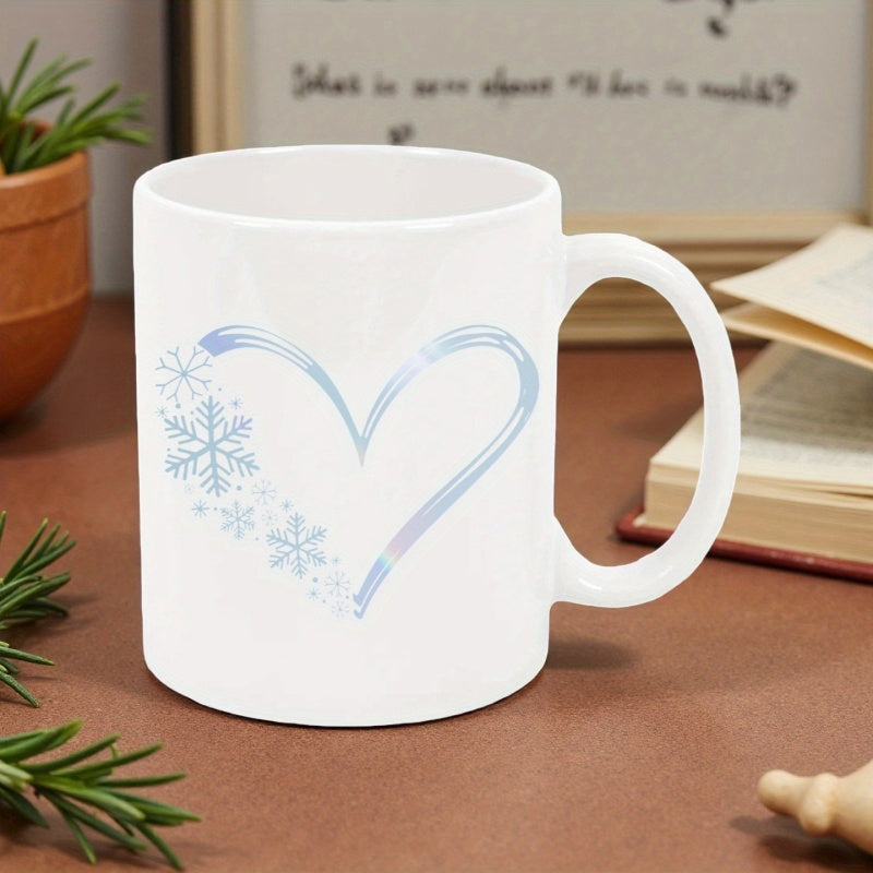 Tailorly White Ceramic 11 oz Mug - Delicate Winter Snowflakes Forming A Stylized Artistic Blue Stroke Heart