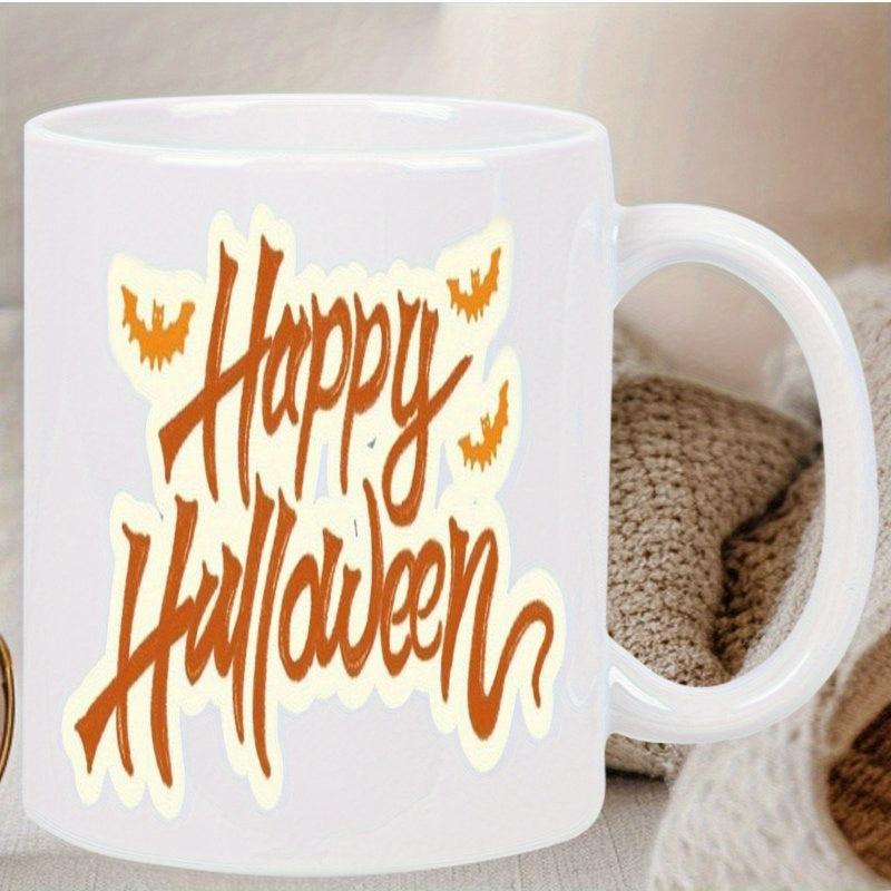 Tailorly White Ceramic 11 oz Mug - Happy Halloween Spooky Orange Script Surrounded By Small Flying Bat Silhouettes Mug