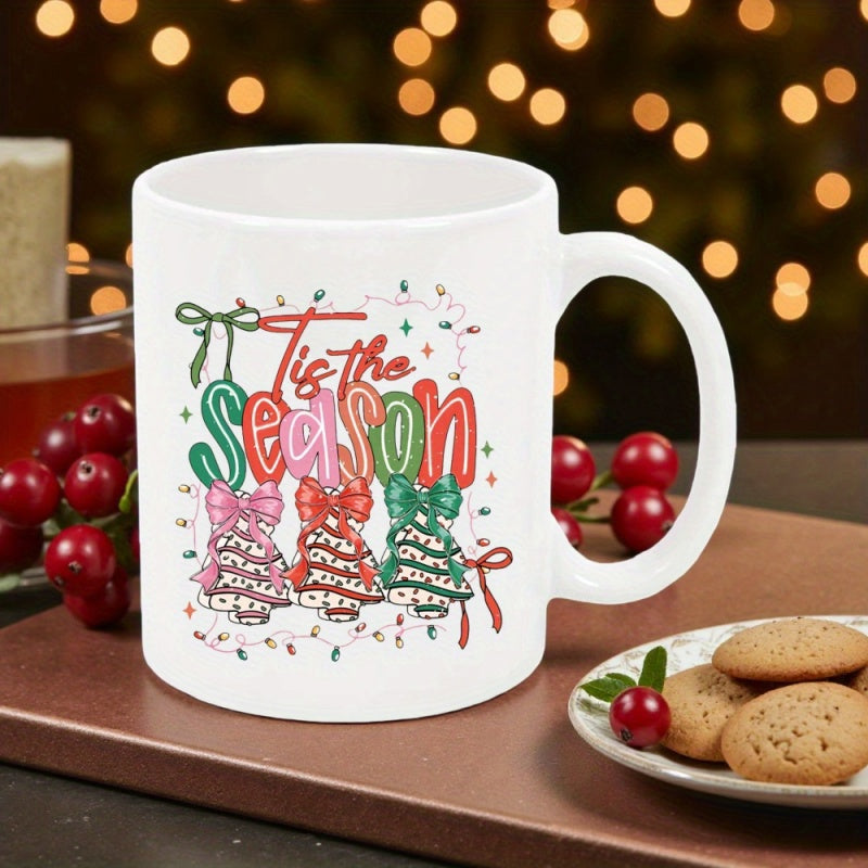 Tailorly White Ceramic 11 oz Mug - Tis The Season Festive Leopard Print Christmas Trees With Colorful Ribbons And String Lights Mug
