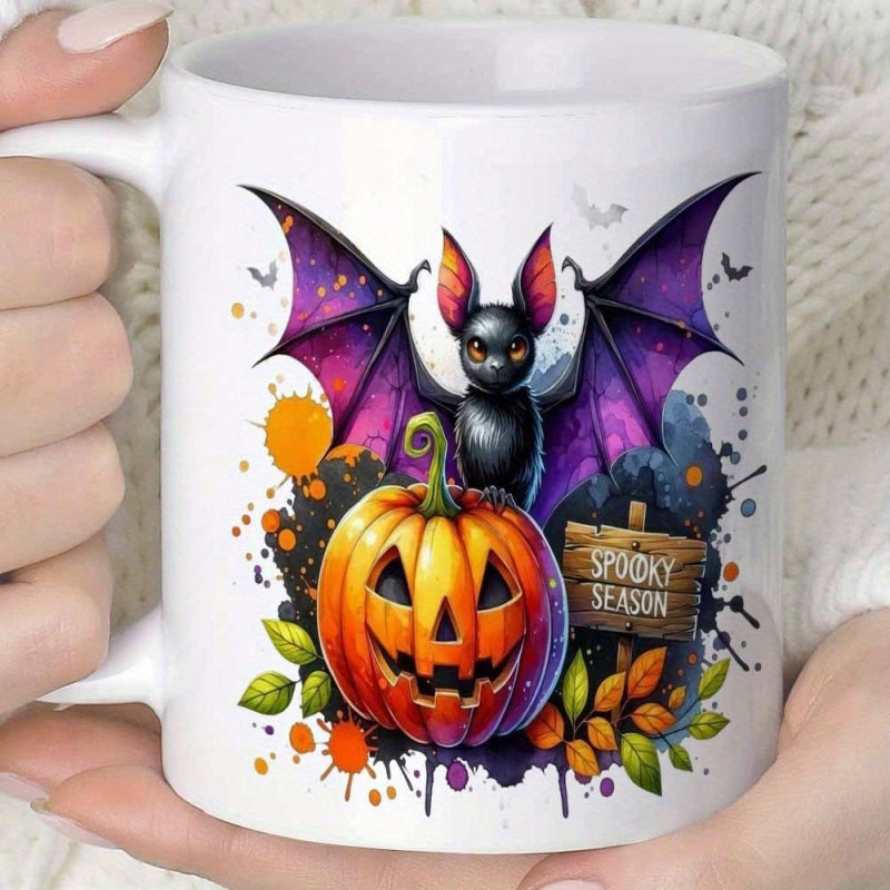 Tailorly White Ceramic 11 oz Mug - Spooky Season Vibrant Purple Winged Bat Behind A Glowing Carved Jack O Lantern Bat