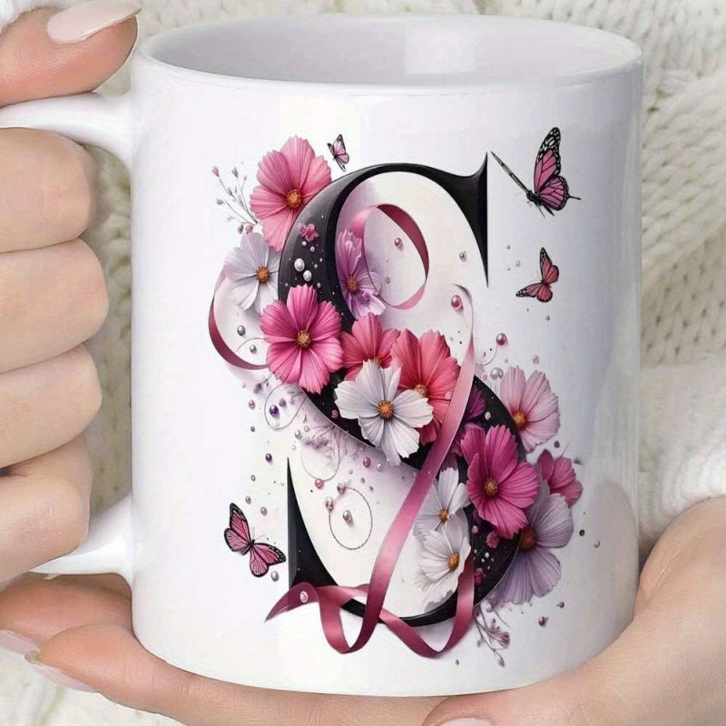 Tailorly White Ceramic 11 oz Mug - S Elegant Pink Blooms And Butterflies Dancing Around Artistic Letter S