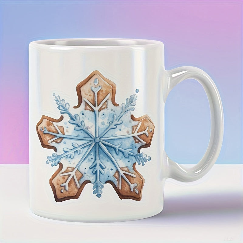 Tailorly White Ceramic 11 oz Mug - Intricate Blue Icy Crystal Overlaid On Brown Baked Gingerbread Star Snowflake