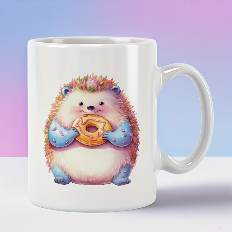 Tailorly White Ceramic 11 oz Mug - Adorable Chubby Round Animal Holding A Sweet Pink Glazed Frosted Donut Hedgehog