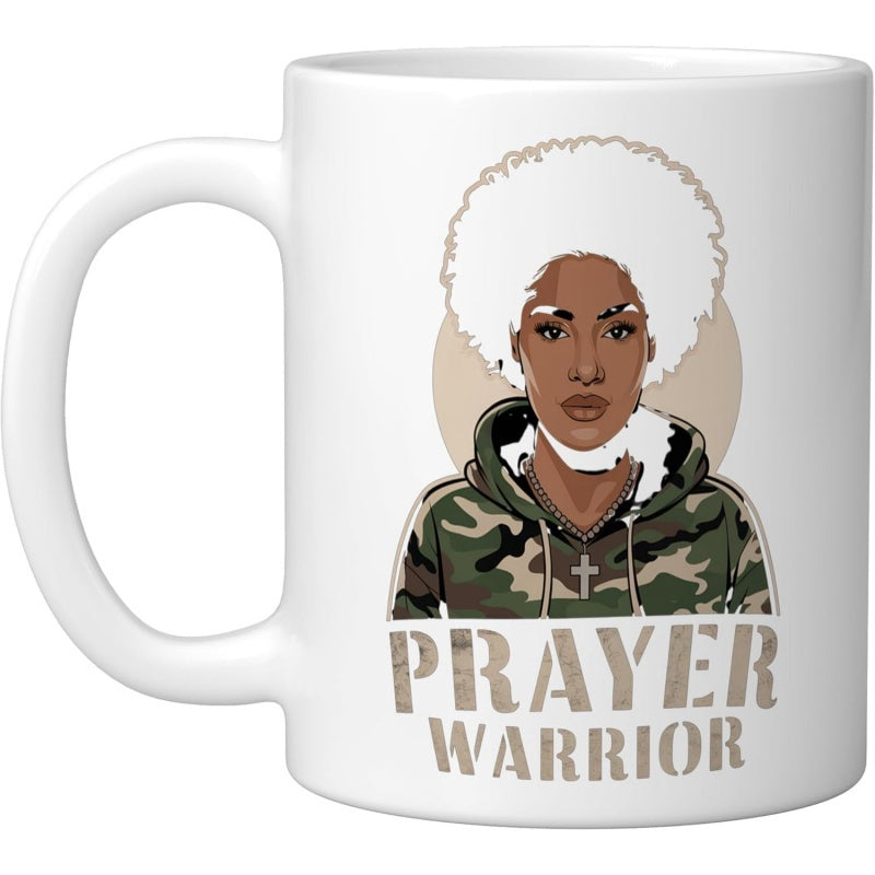 Tailorly White Ceramic 11 oz Mug - Prayer Warrior Powerful Black Woman Wearing Camouflage Hoodie Featuring Large White Afro Woman