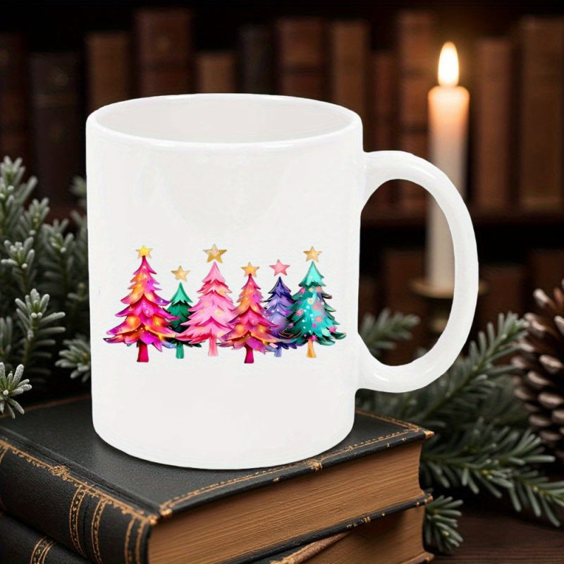 Tailorly White Ceramic 11 oz Mug - Vibrant Watercolor Holiday Elements With Golden Stars Standing In A Row Tree