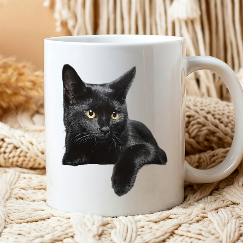 Tailorly White Ceramic 11 oz Mug - Sleek Resting Black Feline With Expressive Golden Eyes Domestic Cat
