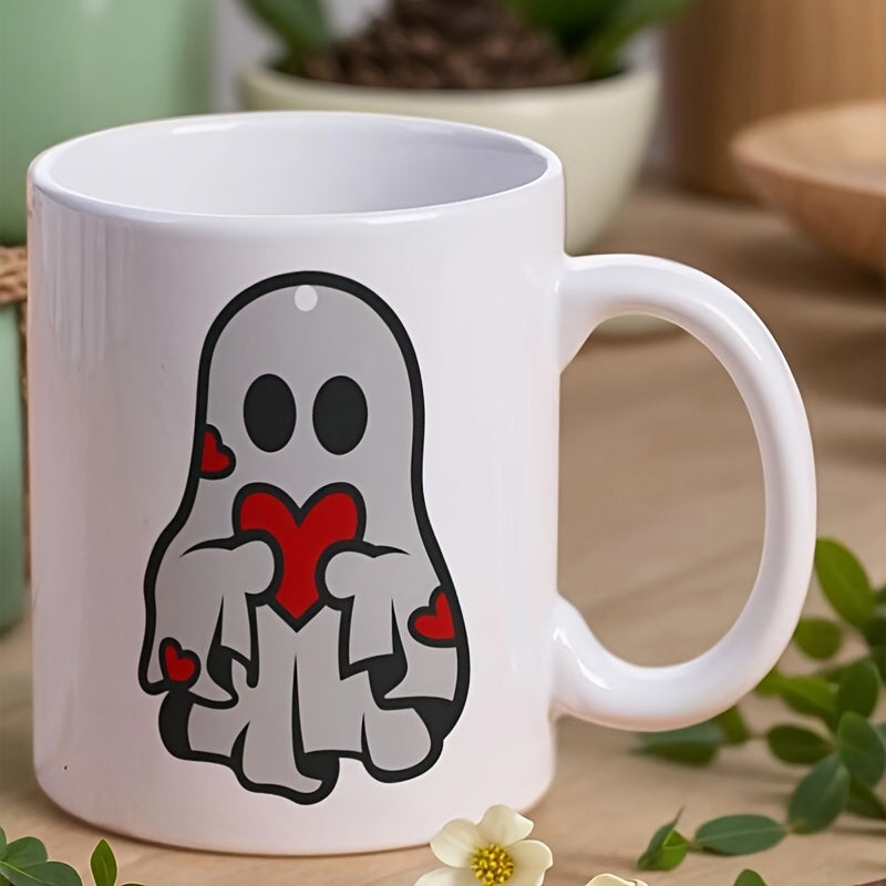 Tailorly White Ceramic 11 oz Mug - Adorable Cartoon Spooky Character Holding A Vibrant Red Heart Valentines Ghost