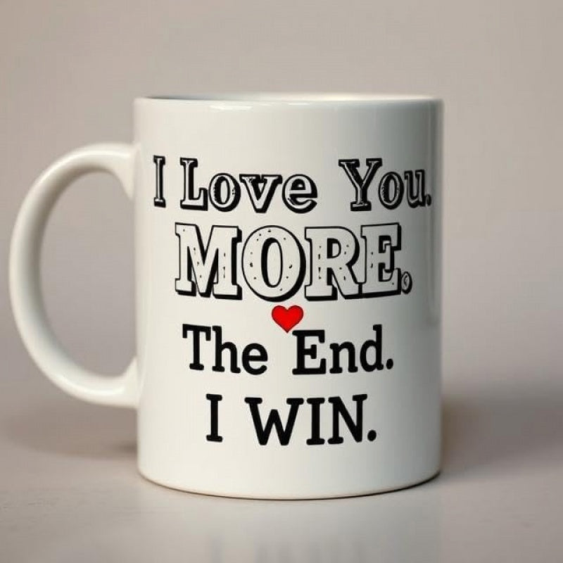 Tailorly White Ceramic 11 oz Mug - I Love You More The End I Win Minimalist White Ceramic Featuring A Small Red Heart Icon Mug